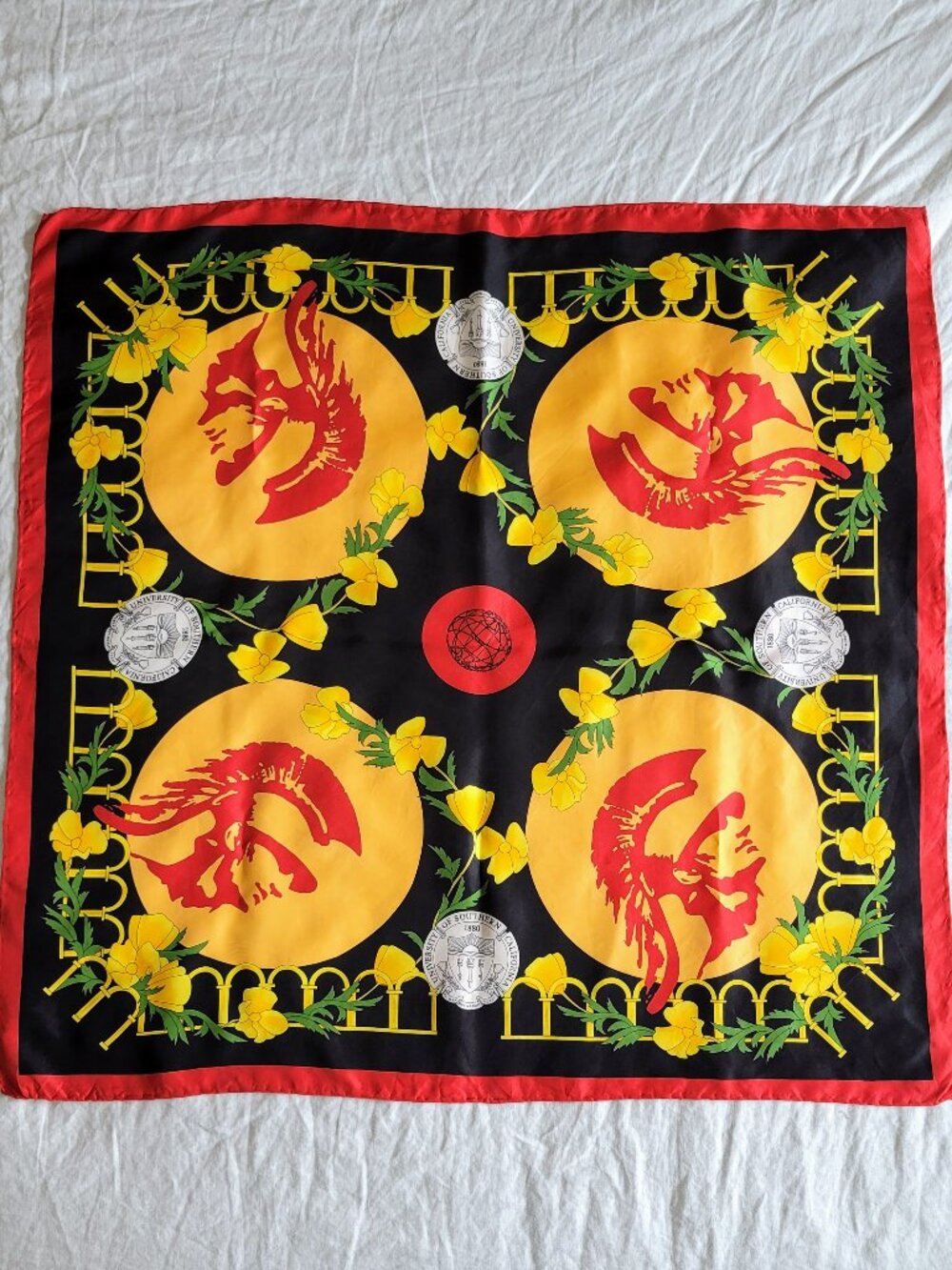 USC 100% Silk Scarf by J. Matz. Trojan and Yellow California poppies